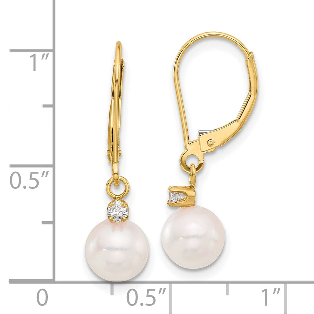 14K Yellow Gold 7-8mm Round Akoya Saltwater Cultured Pearl and .10 Carat Diamond Dangle Leverback Earrings