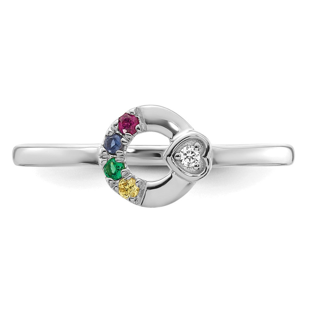 14K White Gold Diamond Heart with 4 Synthetic Birthstone Mother's Circle Ri