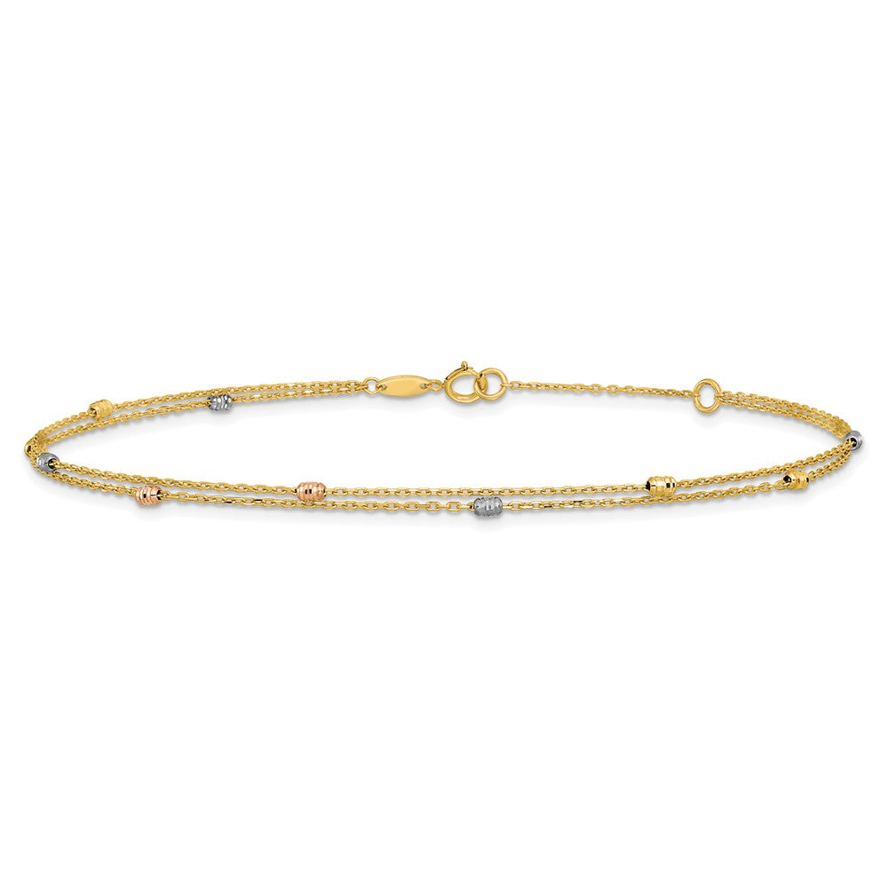 14K Tri-Color Gold Tri-color Diamond-cut Beads 2-Strand 9 Inch Plus 1 Inch Extender - Total 10 Inch Anklet