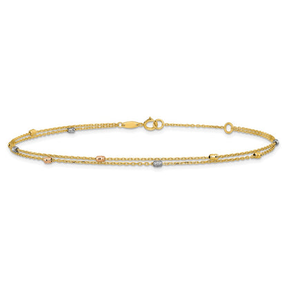14K Tri-Color Gold Tri-color Diamond-cut Beads 2-Strand 9 Inch Plus 1 Inch Extender - Total 10 Inch Anklet