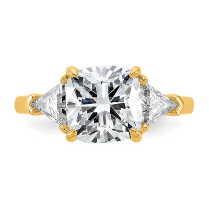 14K Yellow Gold 1 carat Lab Grown Diamond VS+ F+ Triangle 3 carat Cushion Center Semi Mount Three Stone Engagement Ring