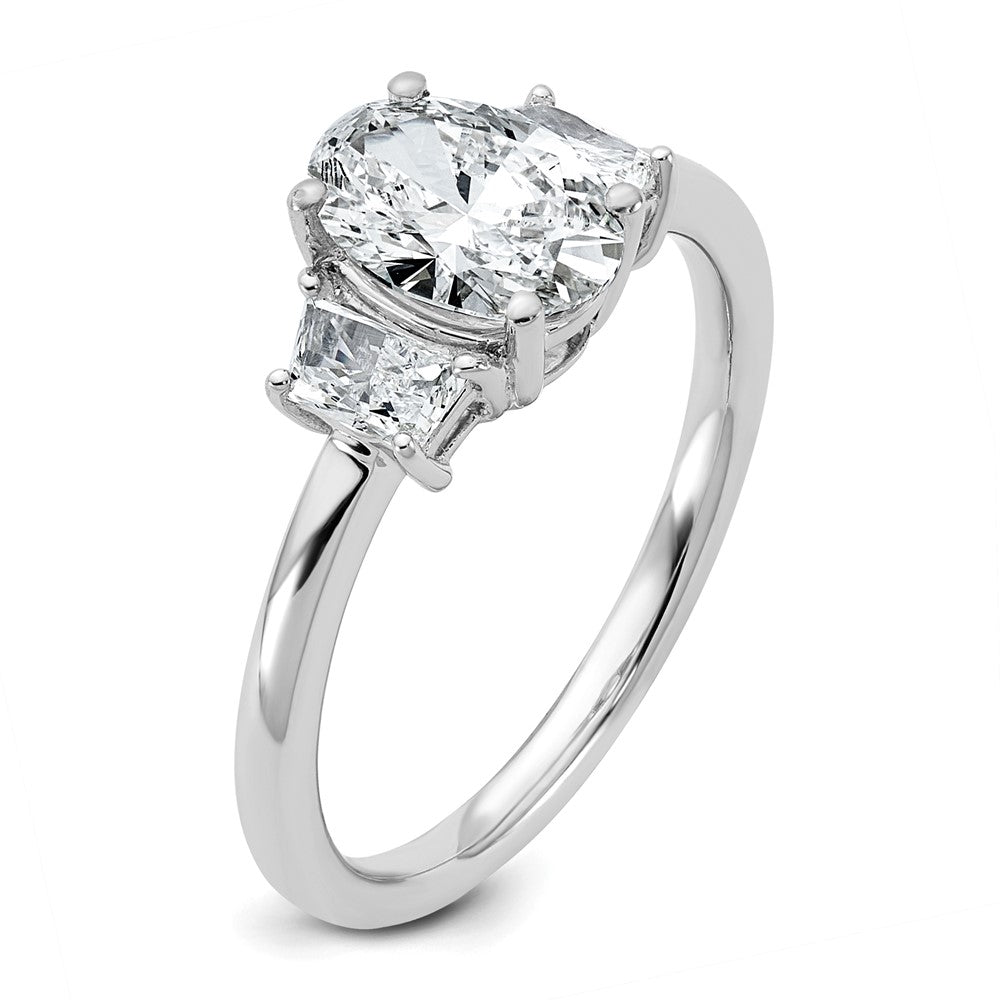 14K White Gold 3/8 carat Lab Grown Diamond VS+ F+ Trapezoid 1 carat Oval Semi Mount Three Stone Engagement Ring