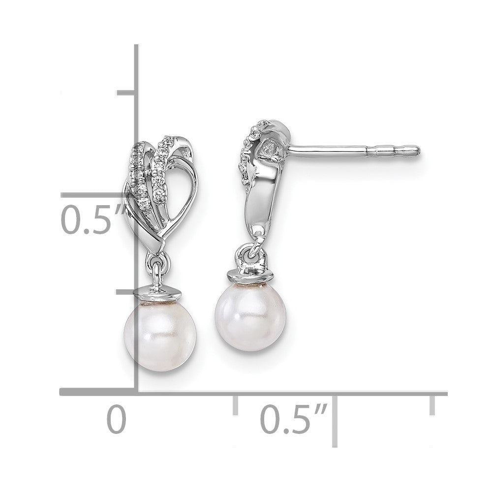 14K White Gold Polished 1/15 carat Diamond and White Freshwater Cultured Pearl Dangle Post Earrings