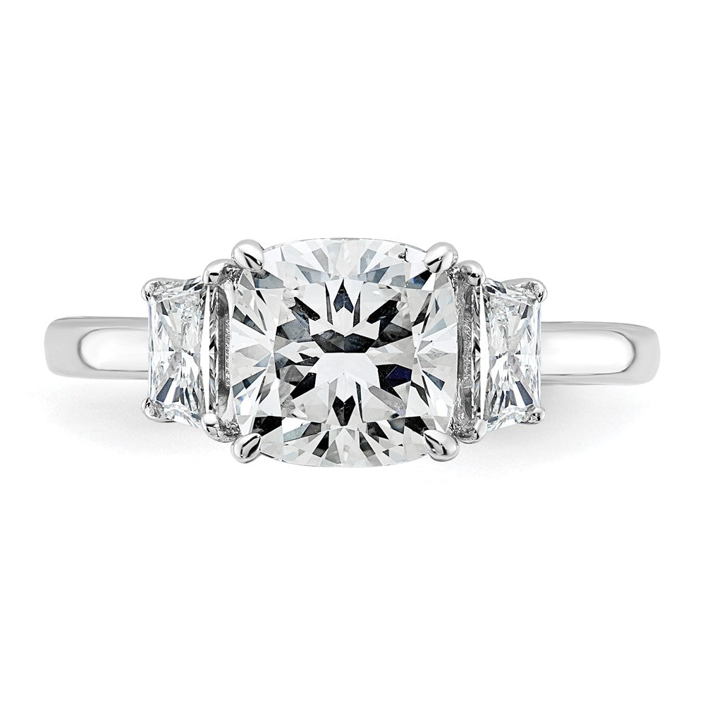 14K White Gold 2 1/2 carat Lab Grown Diamond VS+ F+ Cushion and Half Moon Complete Three Stone Engagement Ring