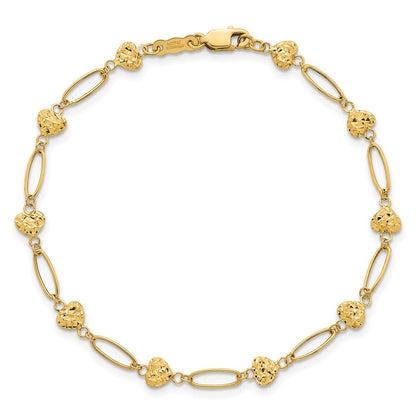 14K Yellow Gold Polished Oval Links with Diamond-cut Puffed Hearts 7.5 Inch Bracelet