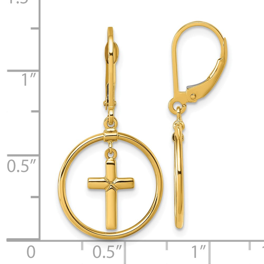 14K Yellow Gold Polished Cross in Circle Leverback Dangle Earrings