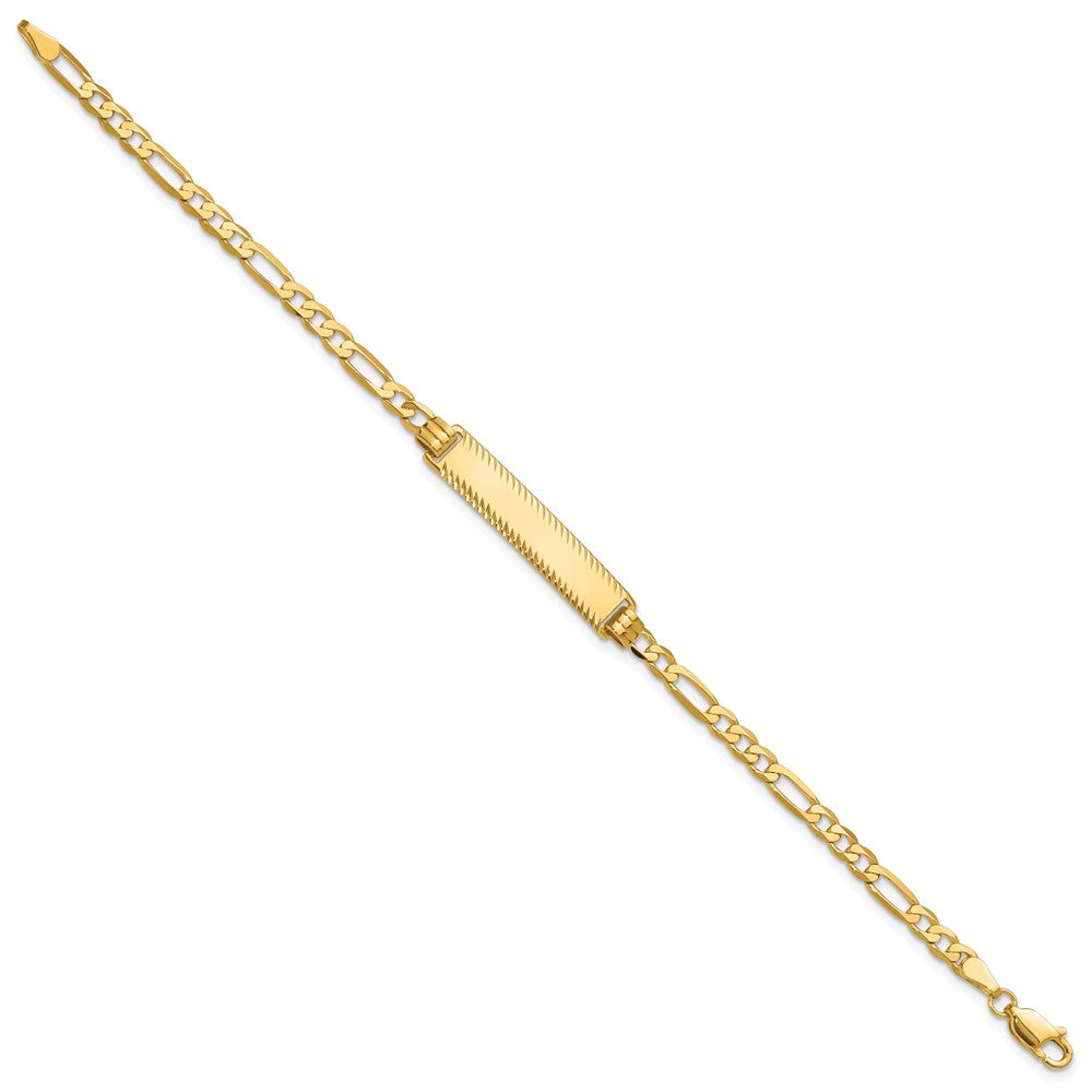 14K Yellow Gold Polished Solid Chain/Solid Plate Flat Figaro Link Diamond-cut 29x6.5mm Plate 7 Inch ID Bracelet
