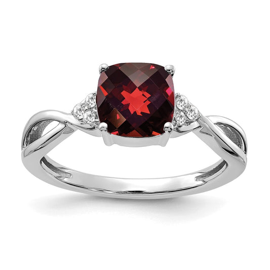 14K White Gold 7mm Cushion Checkerboard January/Garnet and Diamond Ring