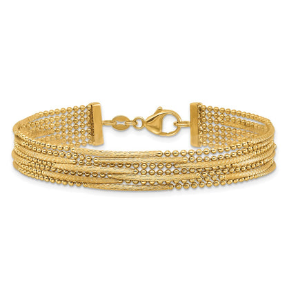 14K Yellow Gold Polished and Textured Multi Strand Beaded 7.25 Inch Bracelet