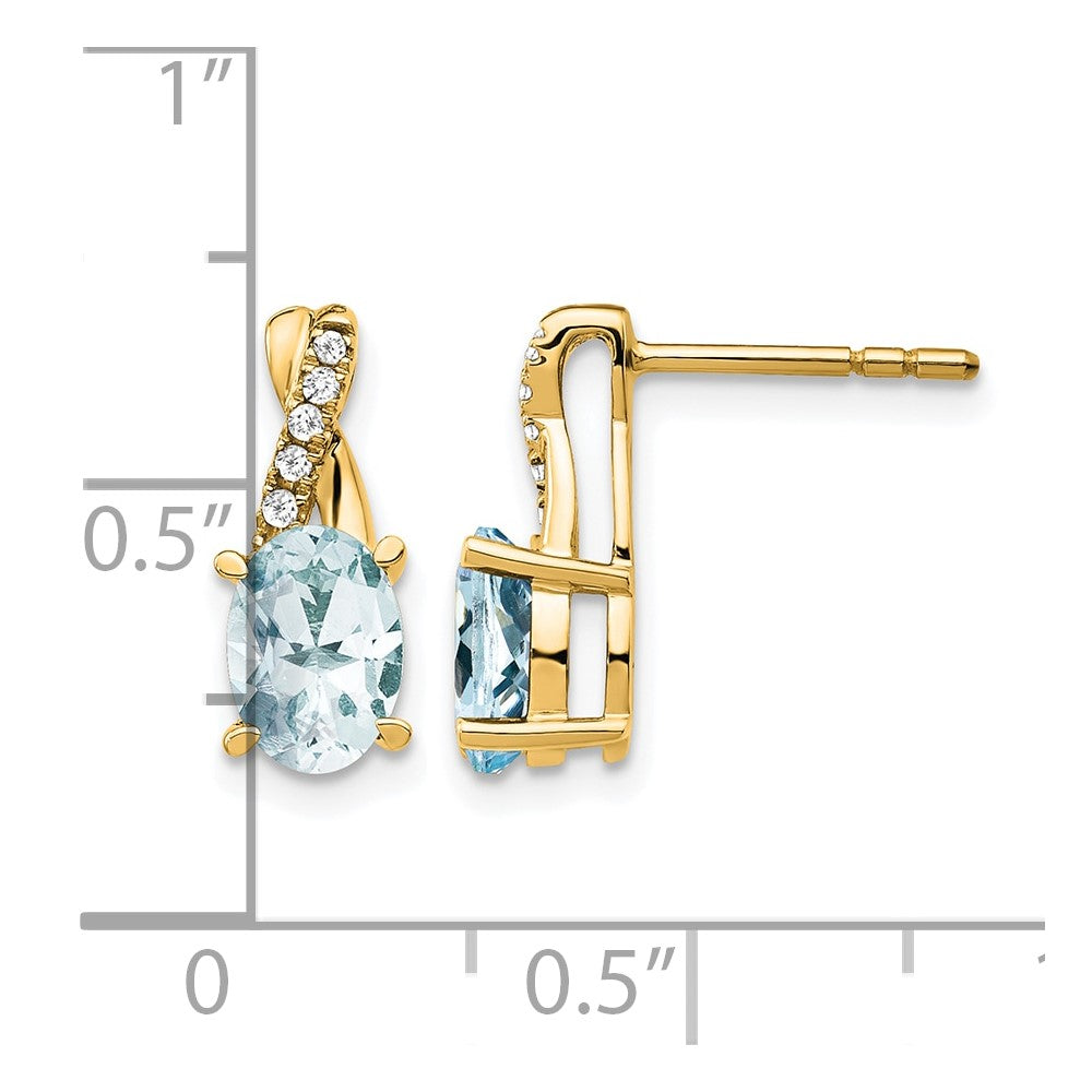 14K Yellow Gold 7x5 Oval March/Aquamarine and Diamond Post Earrings