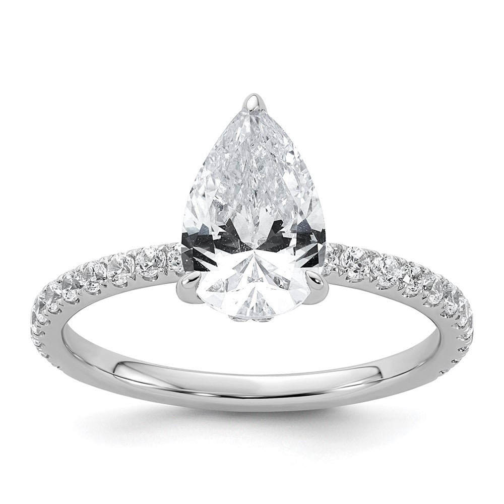 14K White Gold 2 carat Certified Lab Grown Diamond VS+ F+ Pear Complete Solitaire with Flair Engagement Ring