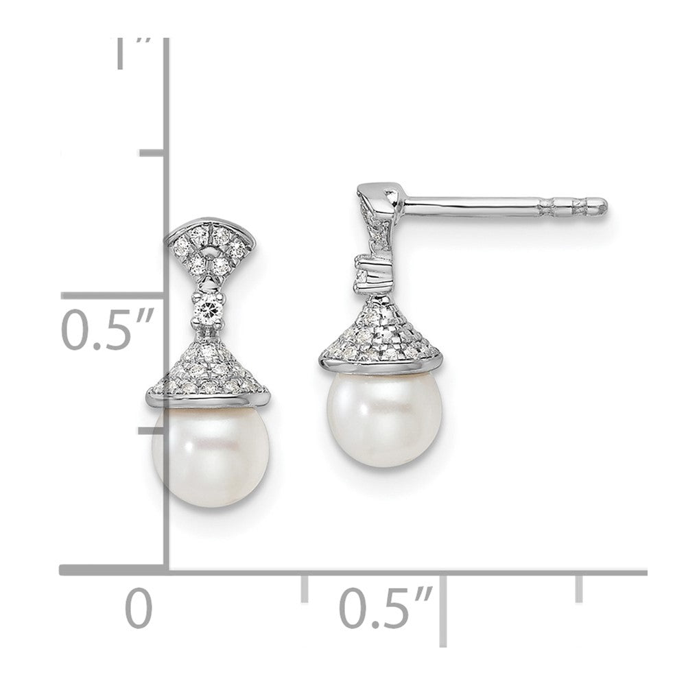 14K White Gold Polished 1/8 carat Diamond and White Freshwater Cultured Pearl Drop Post Earrings