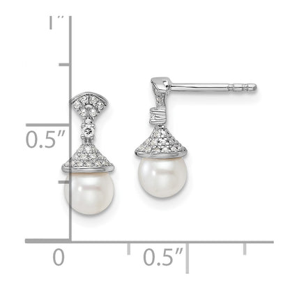 14K White Gold Polished 1/8 carat Diamond and White Freshwater Cultured Pearl Drop Post Earrings