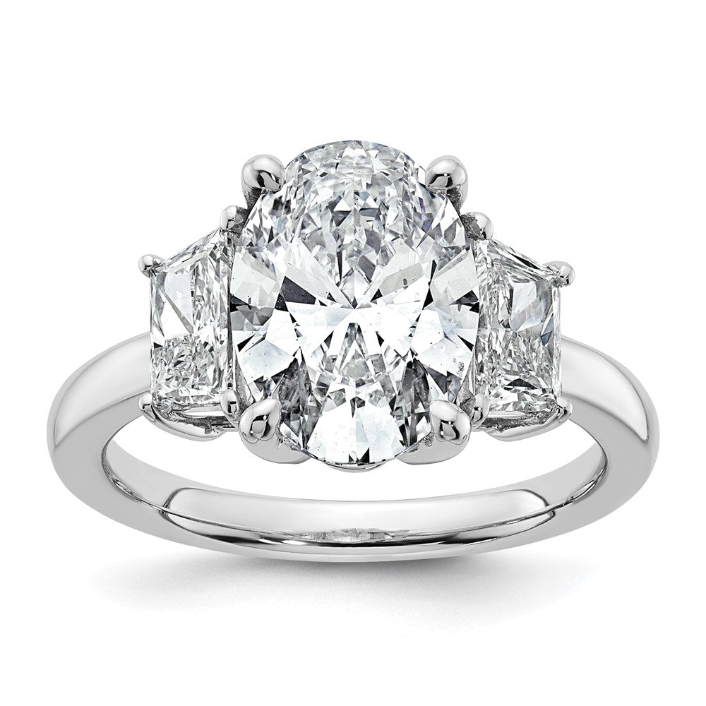 14K White Gold 4 carat Certified Lab Grown Diamond VS+ F+ Oval and Trapezoid Complete Three Stone Engagement Ring