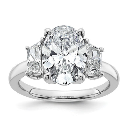 14K White Gold 4 carat Certified Lab Grown Diamond VS+ F+ Oval and Trapezoid Complete Three Stone Engagement Ring