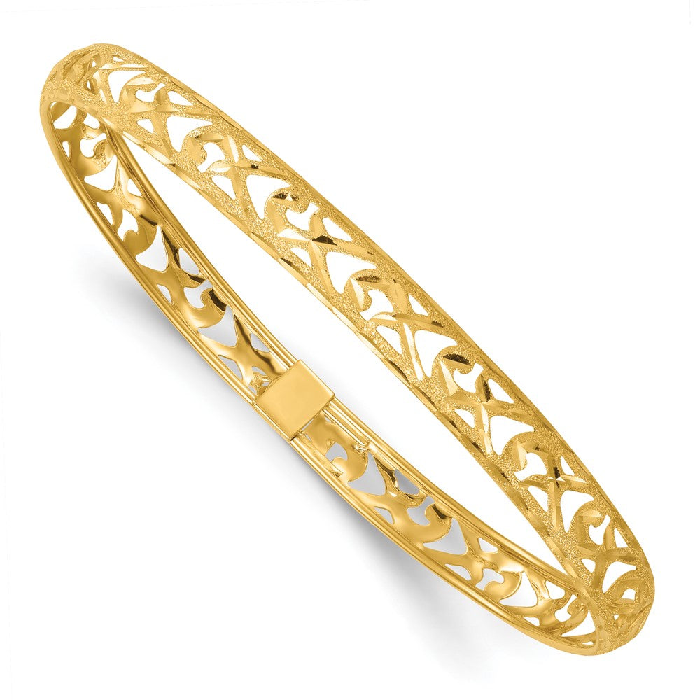 14K Yellow Gold Polished Laser and Diamond-cut 6.15mm Fancy Pierced Design Flexible Oval Bangle Bracelet