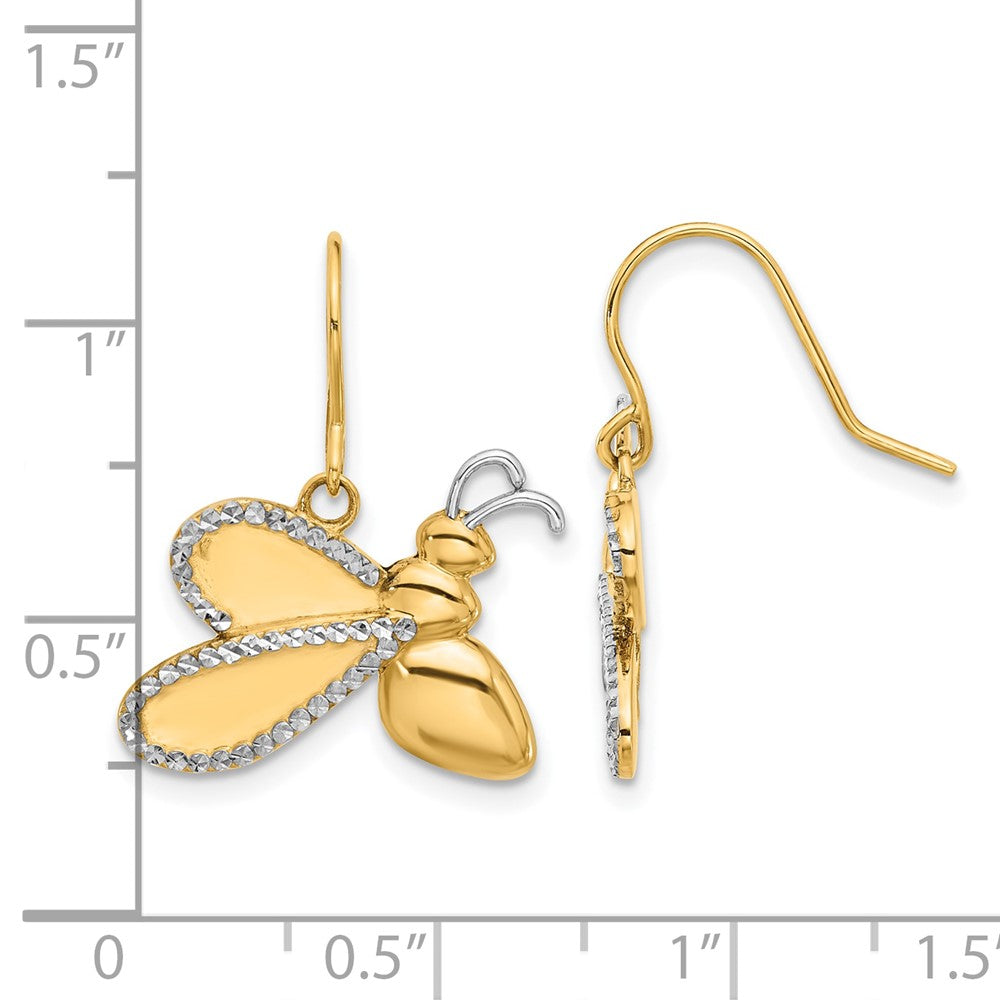 14K Yellow Gold and Rhodium Diamond-cut Large Bee Dangle French Hook Earrings