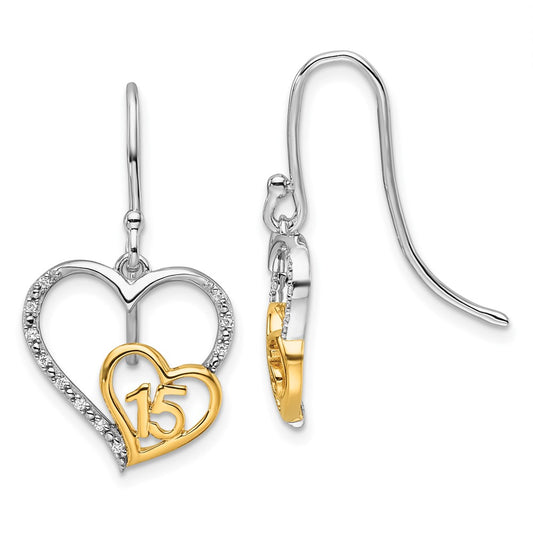14K Two-Tone Gold Two-tone Polished 1/20 carat Diamond Quinceanera 15 Heart Dangle French Hook Earrings