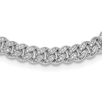 Sterling Silver Rh-plated Micro Pave CZ 6mm Curb Link 18in Necklace