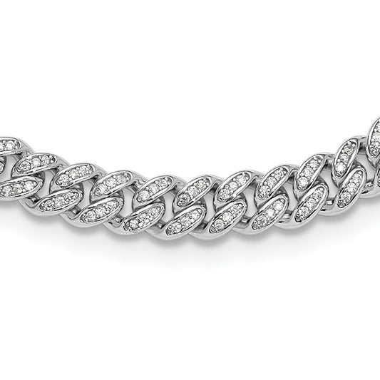 Sterling Silver Rh-plated Micro Pave CZ 6mm Curb Link 18in Necklace