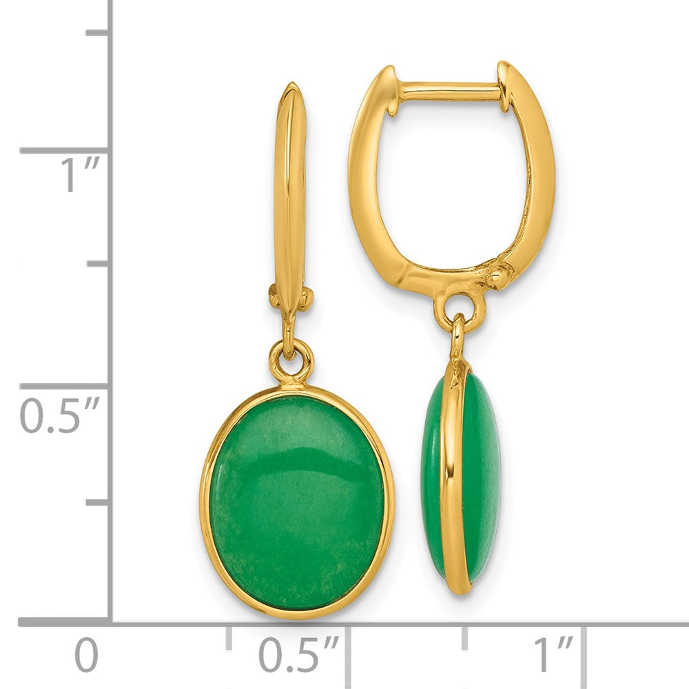 14K Yellow Gold Polished Oval Jade Cabochon Dangle Hinged Hoop Earrings