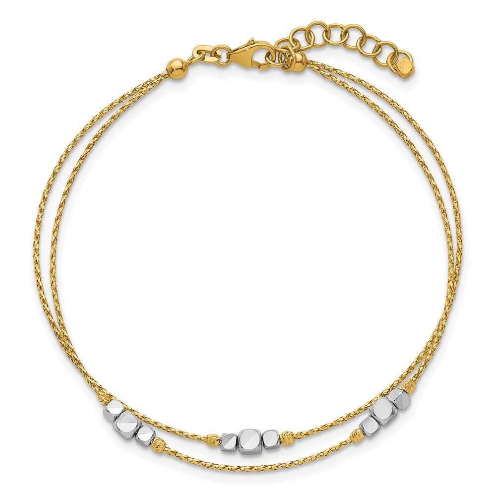 14K Two-Tone Gold Polished Diamond-cut Double Strand Beaded 7 Inch Bracelet with 1 Inch Extension