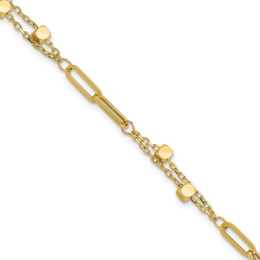 14K Yellow Gold Polished Square Beads and Paperclip Link 7 Inch Bracelet Plus 0.5 Inch Extender