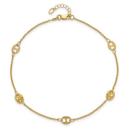 10K Yellow Gold Mariner Link 5-Station 10 Inch Plus 1 Inch Extender - Total 11 Inch Anklet