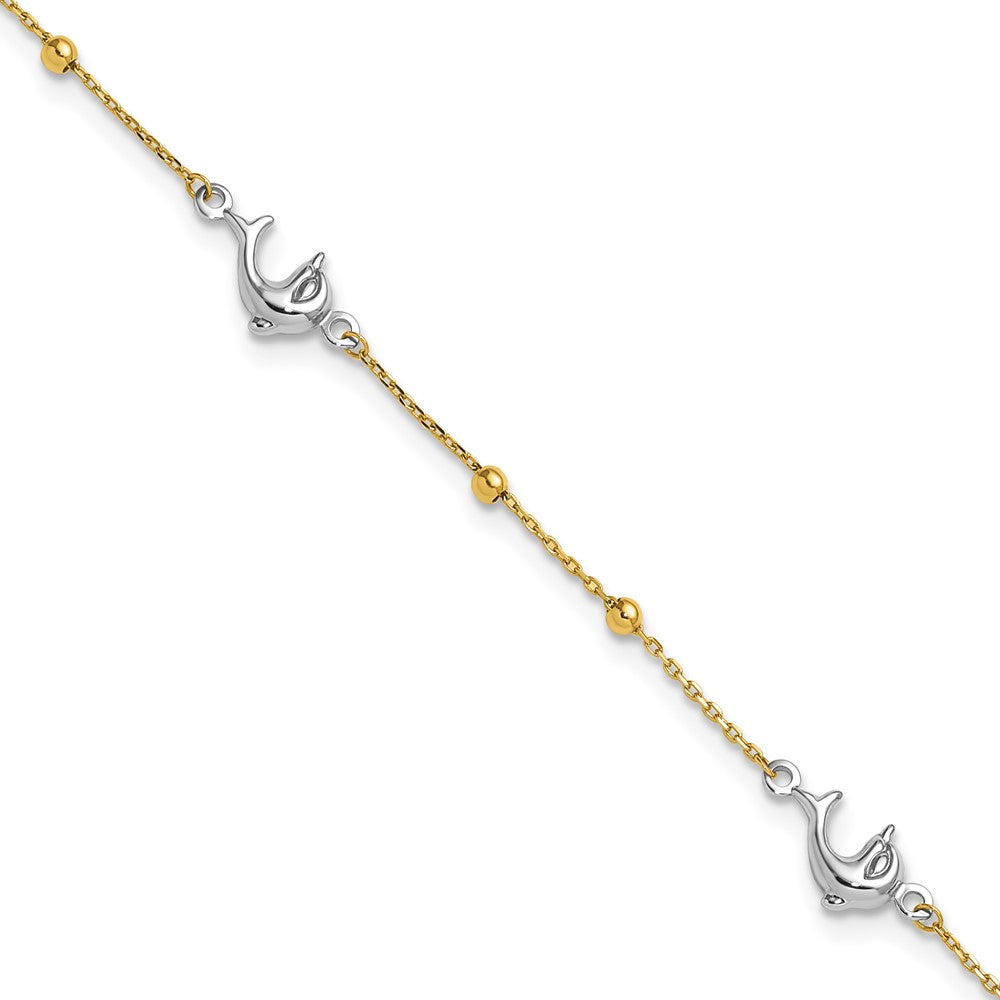 14K Two-Tone Gold Two-tone Beads and Three Dolphins 9 Inch Plus 1 Inch Extender - Total 10 Inch Anklet