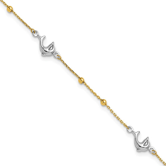 14K Two-Tone Gold Two-tone Beads and Three Dolphins 9 Inch Plus 1 Inch Extender - Total 10 Inch Anklet