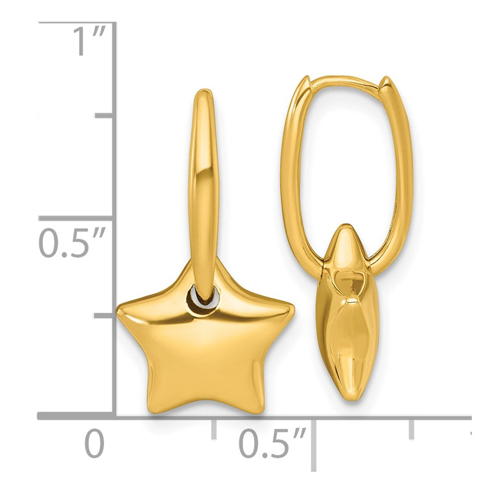 14K Yellow Gold Polished Dangle Puffed Star Hinged Hoop Earrings