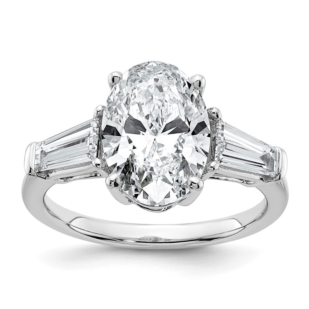 14K White Gold 3 3/4 carat Certified Lab Grown Diamond VS+ F+ Oval and Tapered Baguette Complete Three Stone Engagement Ring