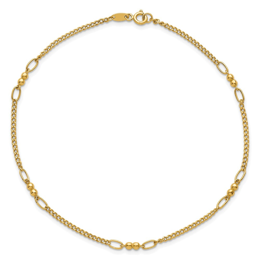 14K Yellow Gold Polished and Diamond-cut 5-Station Beaded Mixed Link 10 Inch Anklet