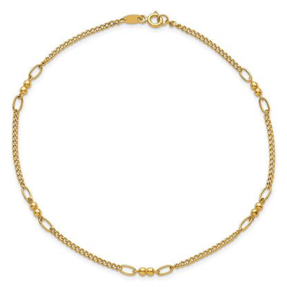 14K Yellow Gold Polished and Diamond-cut 5-Station Beaded Mixed Link 10 Inch Anklet