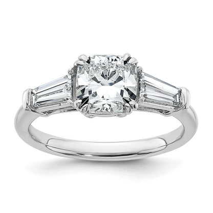 14K White Gold 2 carat Lab Grown Diamond VS+ F+ Cushion and Tapered Baguette Complete Three Stone Engagement Ring