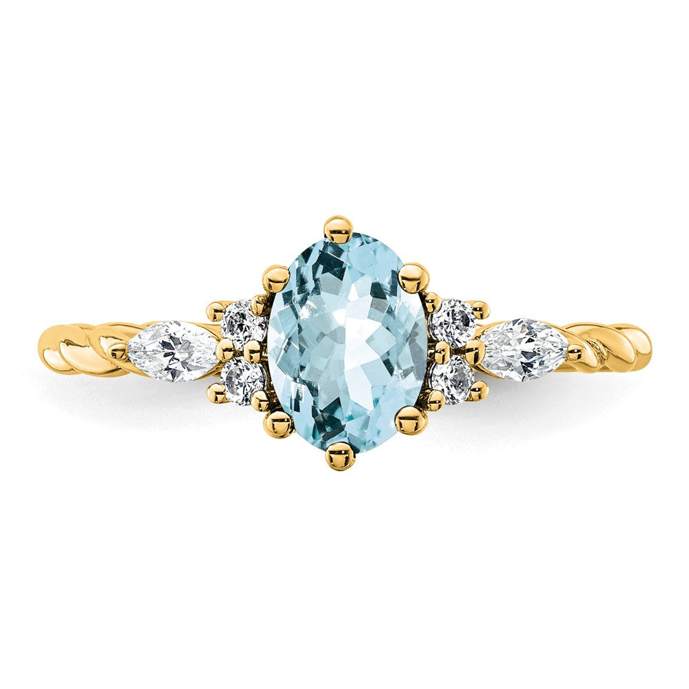 14K Yellow Gold Diamond and 7x5 Oval March/Aquamarine Size 7 Twisted Ring