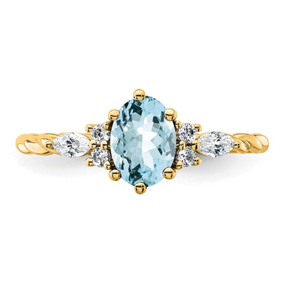 14K Yellow Gold Diamond and 7x5 Oval March/Aquamarine Size 7 Twisted Ring