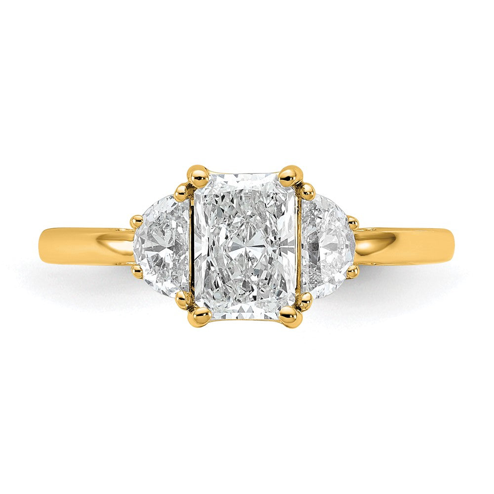 14K Yellow Gold 1 3/8 carat Certified Lab Grown Diamond VS/SI+ G+ Radiant and Half Moon Complete Three Stone Engagement Ring