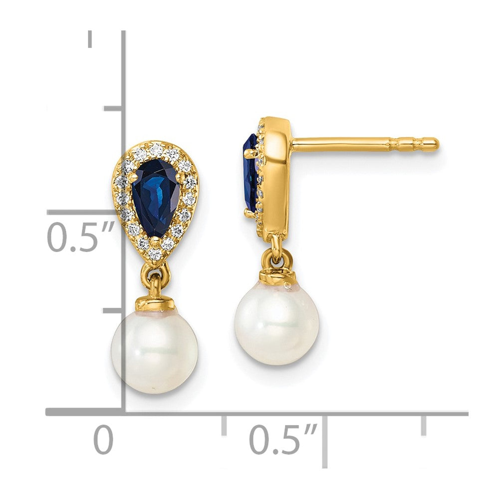 14K Yellow Gold Round Freshwater Cultured Pearl/.09 carat Diamond/Pear Sapphire Dangle Post Earrings