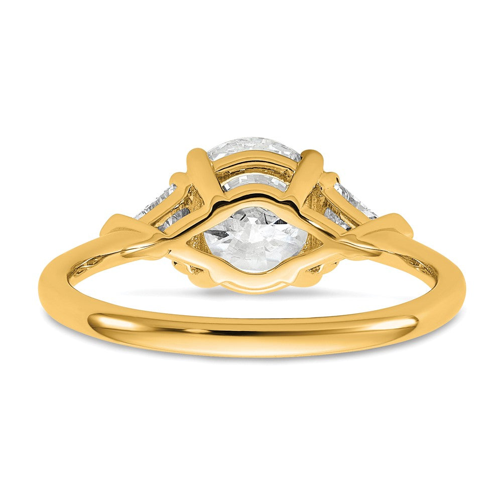 14K Yellow Gold 1/2 carat Lab Grown Diamond VS+ F+ Triangle 1 1/2 carat Round Semi Mount Three Stone Engagement Ring