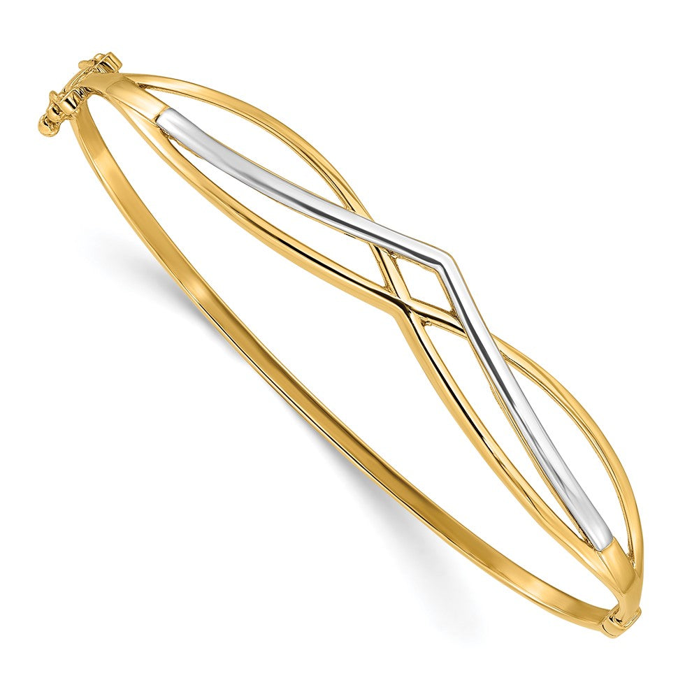 14K Yellow Gold with Rhodium Polished Fancy Hinged Bangle