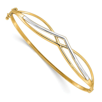 14K Yellow Gold with Rhodium Polished Fancy Hinged Bangle