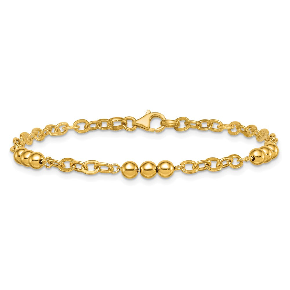14K Yellow Gold Polished 3.5mm Fancy Beaded and Cable Link 7.5 Inch Bracelet
