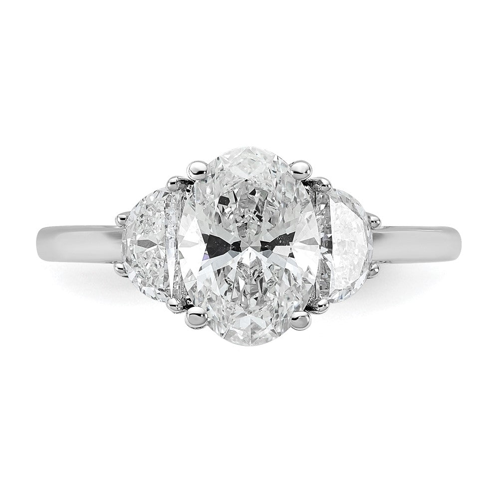 14K White Gold 1/2 carat Lab Grown Diamond VS/SI+ G+ Half Moon and 1 1/2 carat Oval Center Semi Mount Three Stone Engagement Ring