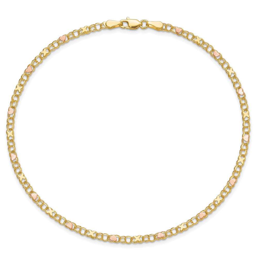 14K Two-Tone Gold Polished and Satin -plated X-and-Heart 10 Inch Anklet
