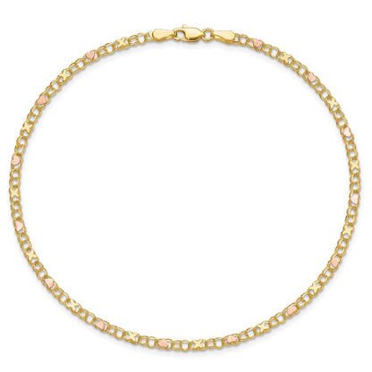 14K Two-Tone Gold Polished and Satin -plated X-and-Heart 10 Inch Anklet
