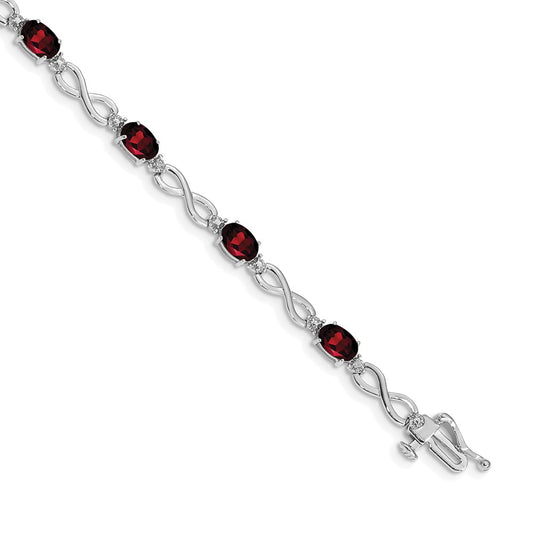 14K White Gold Complete Oval Garnet and Diamond Infinity Link 7 Inch Bracelet