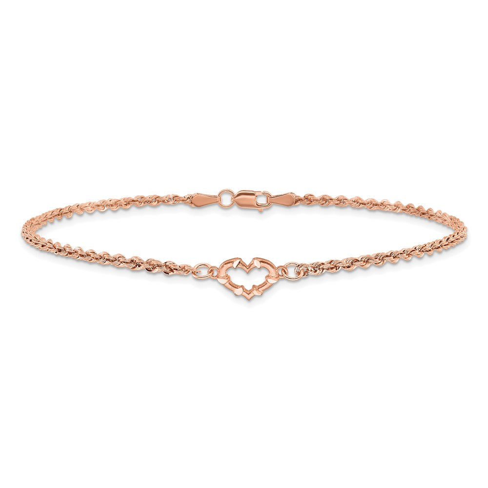 14K Rose Gold Diamond-cut Open Heart and Rope Chain 10 Inch Anklet