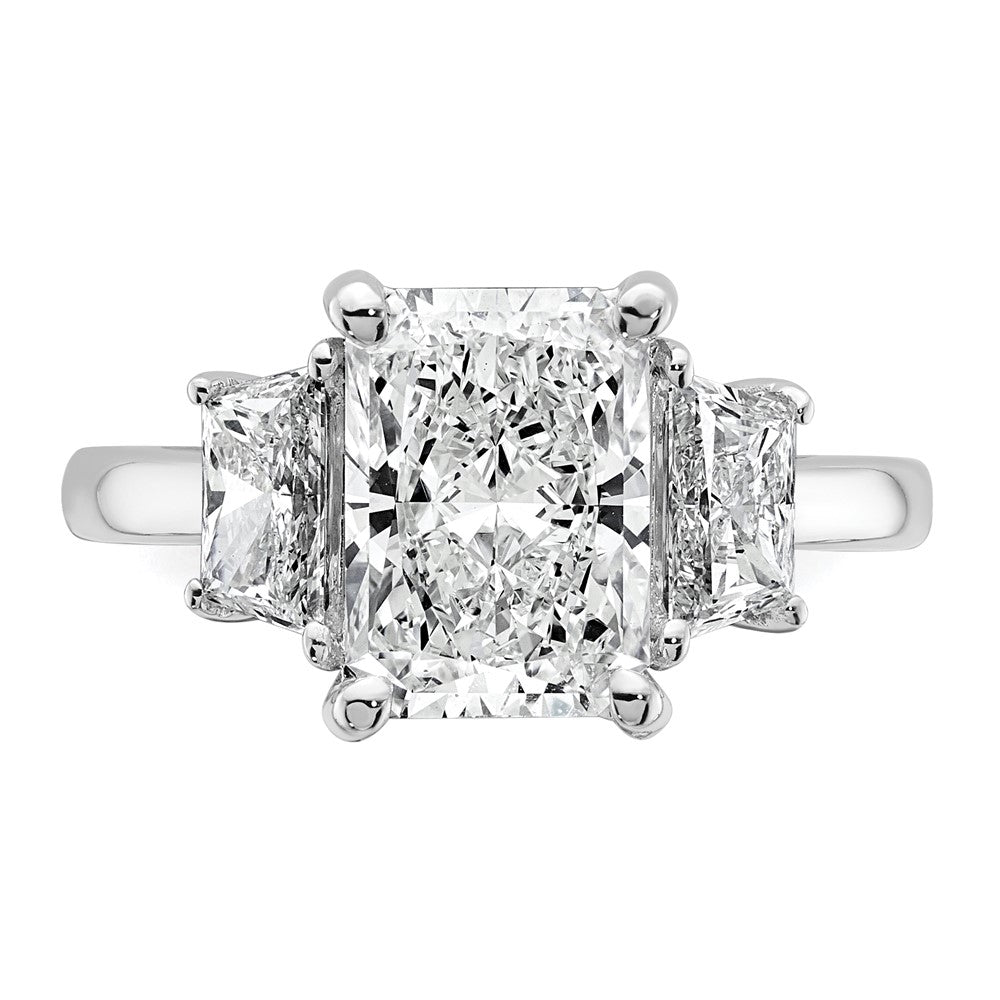 14K White Gold 4 carat Lab Grown Diamond VS+ F+ Radiant and Trapezoid Complete Three Stone Engagement Ring