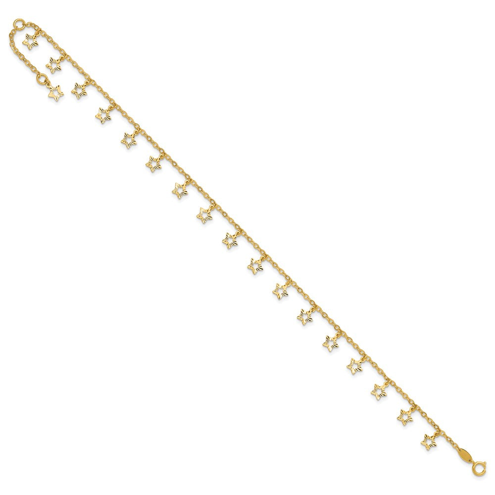 14K Yellow Gold Polished and Textured Dangle Stars 9 Inch Plus 1 Inch Star Dangle Extender - Total 10 Inch Anklet